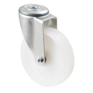 M Series castor, 125mm x 32mm white nylon wheel, swivel bolt hole, precision ball bearing, 200 kg load rating