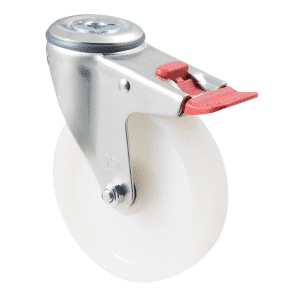 M Series castor, 125mm x 32mm white nylon wheel, bolt hole swivel braking, precision ball bearing, 200 kg load rating