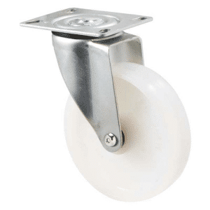 M Series castor, 125mm x 32mm white nylon wheel, swivel North American (NA) zinc plate, precision ball bearing, black seal, Chicago screw axle, 200 kg load rating