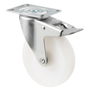 M Series castor, 125mm x 32mm white nylon wheel, swivel plate braking, precision ball bearing, Chicago screw axle, grey seal & pedal, 200 kg load rating