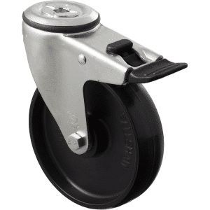 M Series castor, 125mm x 32mm black nylon wheel, swivel zinc fork bolt hole, total brake, black seal & pedal, 200 kg load rating