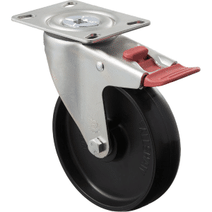 M Series castor, 125mm x 32mm black nylon wheel, swivel North American (NA) plate, total brake, 200 kg, load rating