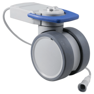 Trinity EBC castor, 100mm conductive wheel, in-line pedal, cool grey, total brake, user-specified steering, Linak cable, motion sensing, IPx5 water resistance, 100 kg load rating