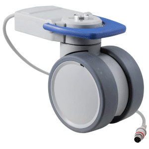 Trinity EBC castor, 100mm conductive wheel, in-line pedal, cool grey, total brake, user-specified steering, Timotion cable, motion sensing, IPx5 water resistance, 100 kg load rating