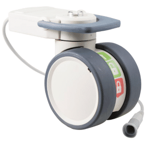 Trinity EBC castor, 100mm conductive wheel, in-line pedal, eggshell colour, complete brake, user-specified steering, Linak cable, motion sensing, IPx5 water resistance, 100 kg load rating