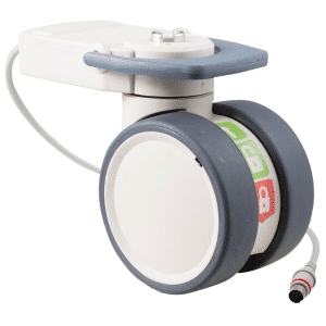 Trinity EBC castor, 100mm conductive wheel, in-line pedal, eggshell colour, complete brake, user-specified steering, Timotion cable, motion sensing, IPx5 water resistance, 100 kg load rating