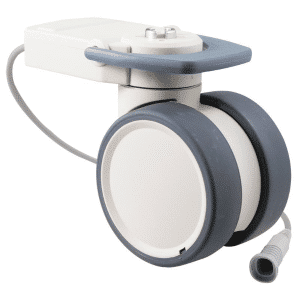 Trinity EBC castor, 100mm conductive wheel, in-line pedal, eggshell colour, total brake, user-specified steering, Linakcable, motion sensing, IPx5 water resistance, 100 kg load rating