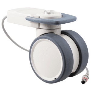 Trinity EBC castor, 100mm conductive wheel, in-line pedal, eggshell colour, total brake, user-specified steering, Timotion cable, motion sensing, IPx5 water resistance, 100 kg load rating