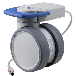 Trinity EBC castor, 100mm conductive wheel, 90 degree pedal, cool grey, blank castor, intuitive steering, Timotion cable, motion sensing, IPx5 water resistance, 100 kg load rating