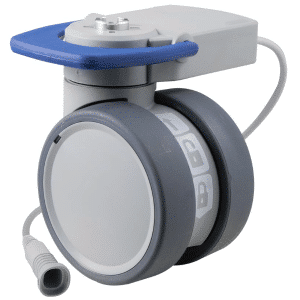 Trinity EBC castor, 100mm conductive wheel, 90 degree pedal, cool grey, blank castor, user-specified steering, Linak cable, motion sensing, IPx5 water resistance, 100 kg load rating