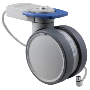 Trinity EBC castor, 125mm conductive wheel, in-line pedal, cool grey, complete brake, user-specified steering, Dewert cable, motion sensing, IPx5 water resistance, 125 kg load rating