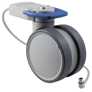 Trinity EBC castor, 125mm conductive wheel, in-line pedal, cool grey, total brake, user-specified steering, Dewert cable, motion sensing, IPx5 water resistance, 125 kg load rating