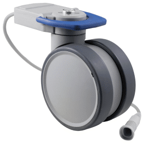 Trinity EBC castor, 125mm conductive wheel, in-line pedal, cool grey, total brake, user-specified steering, Linak cable, motion sensing, IPx5 water resistance, 125 kg load rating