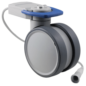 Trinity EBC castor, 125mm conductive wheel, in-line pedal, cool grey, total brake, user-specified steering, Linak cable, IPx5 water resistance, 125 kg load rating