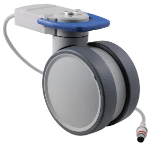 Trinity EBC castor, 125mm conductive wheel, in-line pedal, cool grey, total brake, user-specified steering, Timotion cable, motion sensing, IPx5 water resistance, 125 kg load rating