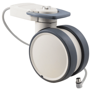 Trinity EBC castor, 125mm conductive wheel, in-line pedal, eggshell colour, complete brake, user-specified steering, Dewert cable, motion sensing, IPx5 water resistance, 125 kg load rating