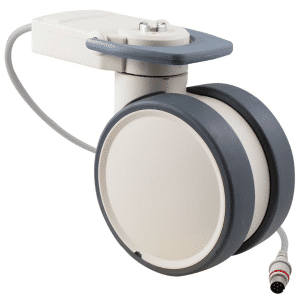 Trinity EBC castor, 125mm conductive wheel, in-line pedal, eggshell colour, complete brake, user-specified steering, Timotion cable, motion sensing, IPx5 water resistance, 125 kg load rating