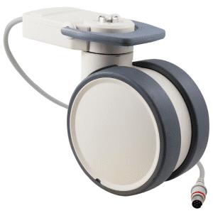 Trinity EBC castor, 125mm conductive wheel, in-line pedal, eggshell colour, total brake, user-specified steering, Timotion cable, motion sensing, IPx5 water resistance, 125 kg load rating