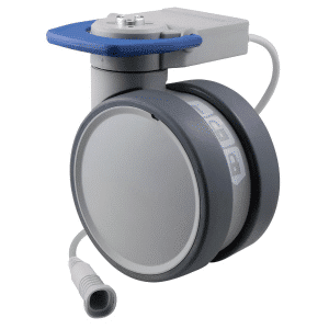 Trinity EBC castor, 125mm conductive wheel, 90 degree pedal, cool grey, blank castor, user-specified steering, Linak cable, motion sensing, IPx5 water resistance, 125 kg load rating