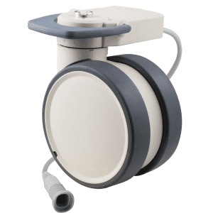 Trinity EBC castor, 125mm conductive wheel, 90 degree pedal, eggshell colour, blank castor, user-specified steering, Linak cable, motion sensing, IPx5 water resistance, 125 kg load rating