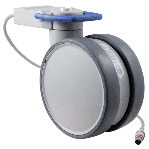Trinity EBC medical castor, 150mm conductive wheel, in- line pedal, cool grey, complete brake, user-specified steering, Timotion cable, motion sensing, IPx5 water resistance, 150 kg load rating