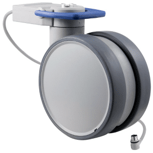 Trinity EBC medical castor, 150mm conductive wheel, in- line pedal, cool grey, total brake, user-specified steering, Dewert cable, motion sensing, IPx5 water resistance, 150 kg load rating