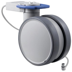 Trinity EBC medical castor, 150mm conductive wheel, in- line pedal, cool grey, total brake, user-specified steering, Dewert cable, IPx5 water resistance, 150 kg load rating