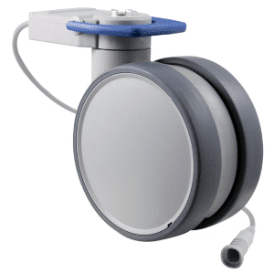 Trinity EBC medical castor, 150mm conductive wheel, in- line pedal, cool grey, total brake, user-specified steering, Linak cable, motion sensing, IPx5 water resistance, 150 kg load rating