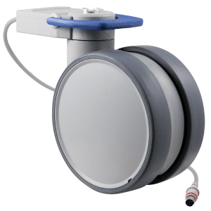 Trinity EBC medical castor, 150mm conductive wheel, in- line pedal, cool grey, total brake, user-specified steering, Timotion cable, motion sensing, IPx5 water resistance, 150 kg load rating