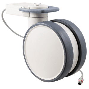 Trinity EBC medical castor, 150mm conductive wheel, in- line pedal, eggshell colour, complete brake, user-specified steering, Timotion cable, motion sensing, IPx5 water resistance, 150 kg load rating