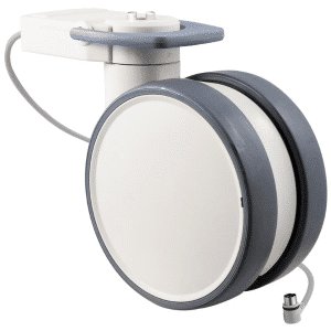 Trinity EBC medical castor, 150mm conductive wheel, in- line pedal, eggshell colour, total brake, user-specified steering, Dewert cable, motion sensing, IPx5 water resistance, 150 kg load rating