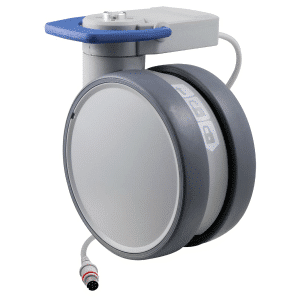 Trinity EBC medical castor, 150mm conductive wheel, 90 degree pedal, cool grey, blank castor, intuitive steering, Timotion cable, motion sensing, IPx5 water resistance, 150 kg load rating