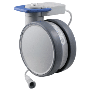 Trinity EBC medical castor, 150mm conductive wheel, 90 degree pedal, cool grey, blank castor, user-specified steering, Linak cable, motion sensing, IPx5 water resistance, 150 kg load rating