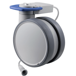Trinity EBC medical castor, 150mm conductive wheel, 90 degree pedal, cool grey, total brake, user-specified steering, Linak cable, motion sensing, IPx5 water resistance, 150 kg load rating
