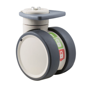 Trinity medical castor, 100mm polyurethane (PU) wheel, in- line pedal, blank castor, eggshell colourway, standard fork, 100 kg load rating