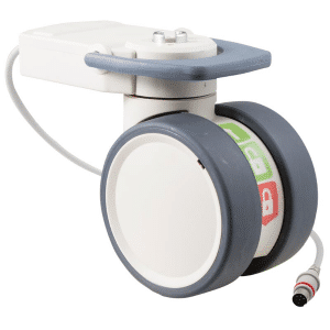 Trinity medical castor, 100mm polyurethane (PU) wheel, in- line pedal, blank castor, eggshell colourway, standard fork, user-specified, Timotion cable, IPx5 water resistance, 100 kg load rating