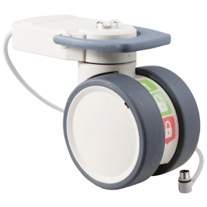 Trinity medical castor, 100mm polyurethane (PU) wheel, in- line pedal, complete brake, eggshell colourway, standard fork, user-specified, Dewert cable, IPx5 water resistance, 100 kg load rating
