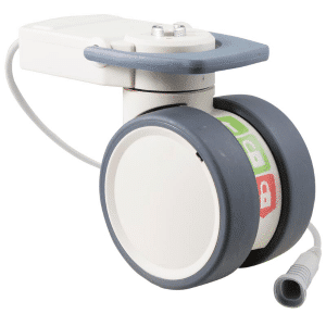 Trinity medical castor, 100mm polyurethane (PU) wheel, in- line pedal, complete brake, eggshell colourway, standard fork, user-specified, Linak cable, IPx5 water resistance, 100 kg load rating