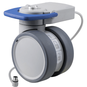 Trinity medical castor, 100mm polyurethane (PU) wheel, 90 degree pedal, complete brake, cool grey colourway, standard fork, user-specified, Dewert cable, IPx5 water resistance, 100 kg load rating