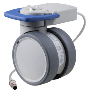 Trinity medical castor, 100mm polyurethane (PU) wheel, 90 degree pedal, total brake, coolgrey colourway, standard fork, user-specified, Timotion cable, IPx5 water resistance, 100 kg load rating