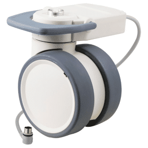 Trinity medical castor, 100mm polyurethane (PU) wheel, 90 degree pedal, total brake, eggshell colourway, standard fork, user-specified, Dewert cable, IPx5 water resistance, 100 kg load rating