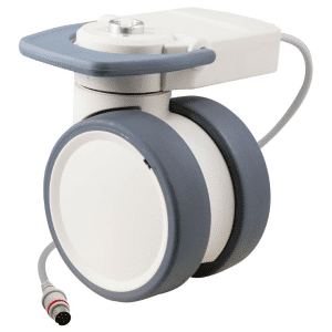 Trinity medical castor, 100mm polyurethane (PU) wheel, 90 degree pedal, total brake, eggshell colourway, standard fork, user-specified, Timotion cable, IPx5 water resistance, 100 kg load rating