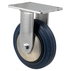 O Series castor, 150mm x 28mm blue rubber wheel, thread guard, plain bearing, fixed North American (NA) plate, 230 kg, load rating
