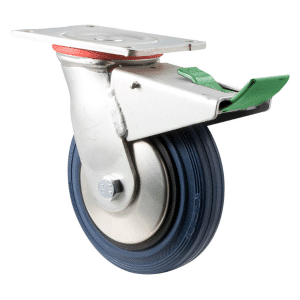 O Series castor, 150mm x 28mm blue rubber wheel, thread guard, zinc swivel plate, direction lock, 230 kg, load rating