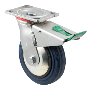 O Series castor, 150mm x 28mm blue rubber wheel, thread guard, swivel North American (NA) plate, direction lock, 230 kg load rating