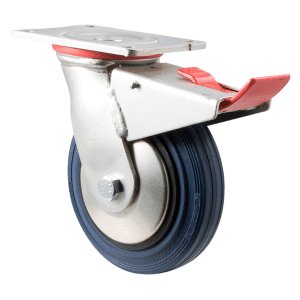 O Series castor, 150mm x 28mm blue rubber wheel, thread guard, swivel North American (NA) plate, total brake, 230 kg load rating
