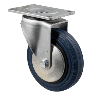 O Series castor, 150mm x 28mm blue rubber wheel, thread guard, plain bearing, swivel North American (NA) plate, 230 kg, load rating