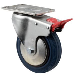 O Series castor, 150mm x 28mm blue rubber wheel, thread guard, swivel North American (NA) plate, total brake, 230 kg load rating