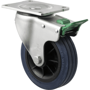 O Series castor, blue hi-res non-marking rubber 150mm x 28mm wheel, swivel plate, direction lock, 230 kg load rating