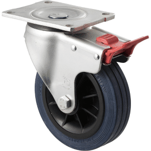 O Series castor, blue hi-res non-marking rubber 150mm x 28mm wheel, North American (NA) swivel plate, total brake, 230 kg load rating
